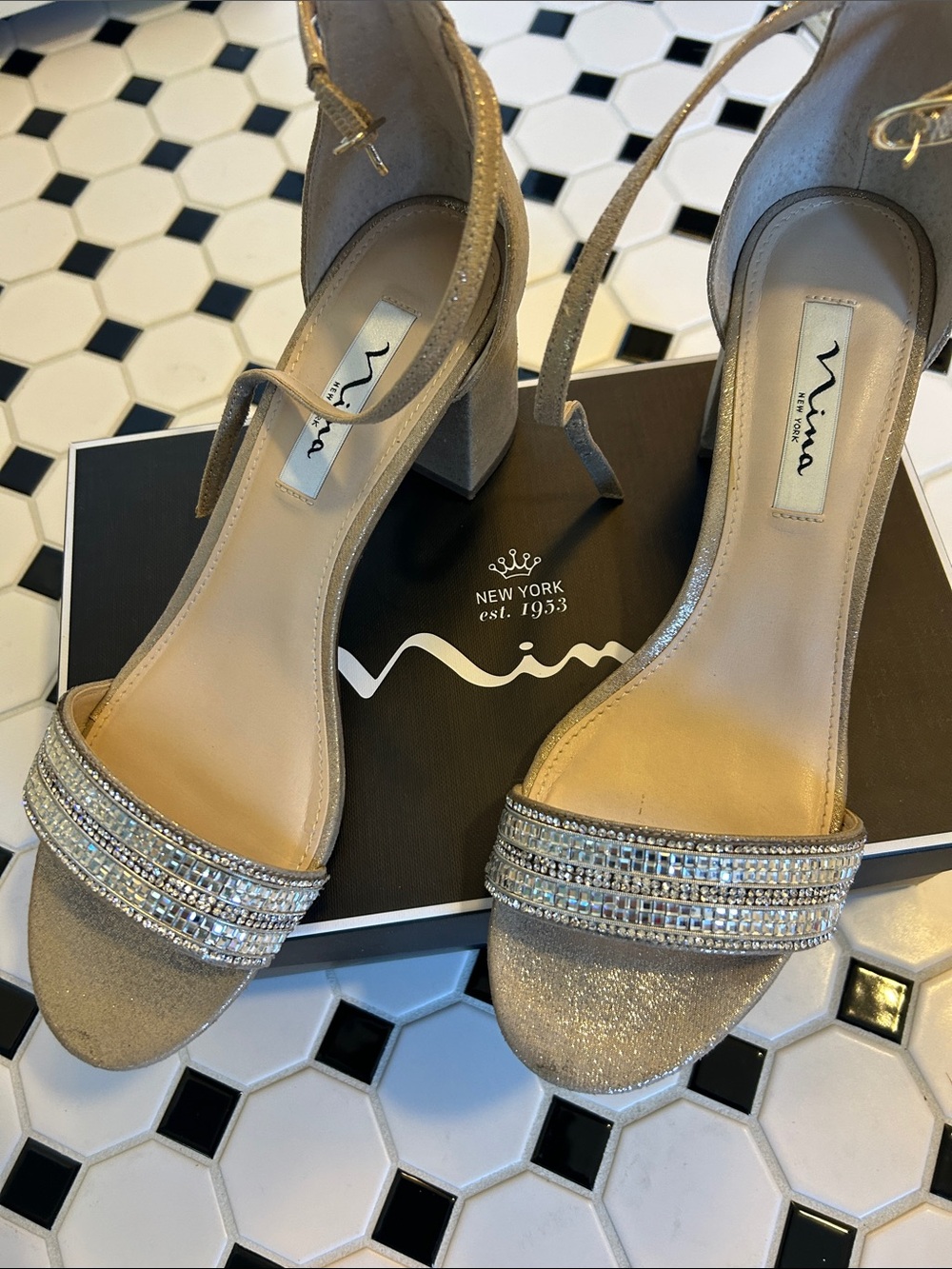 Nina Shoes Gold Glitter Crystal Strap Block Heel Sandals
